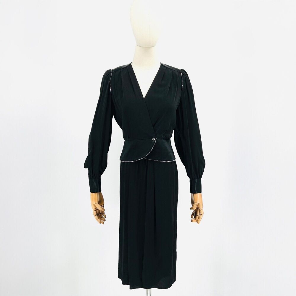 Vintage 80s Richard Warren Petites Black Rhinestone Peplum Top Wrap Skirt